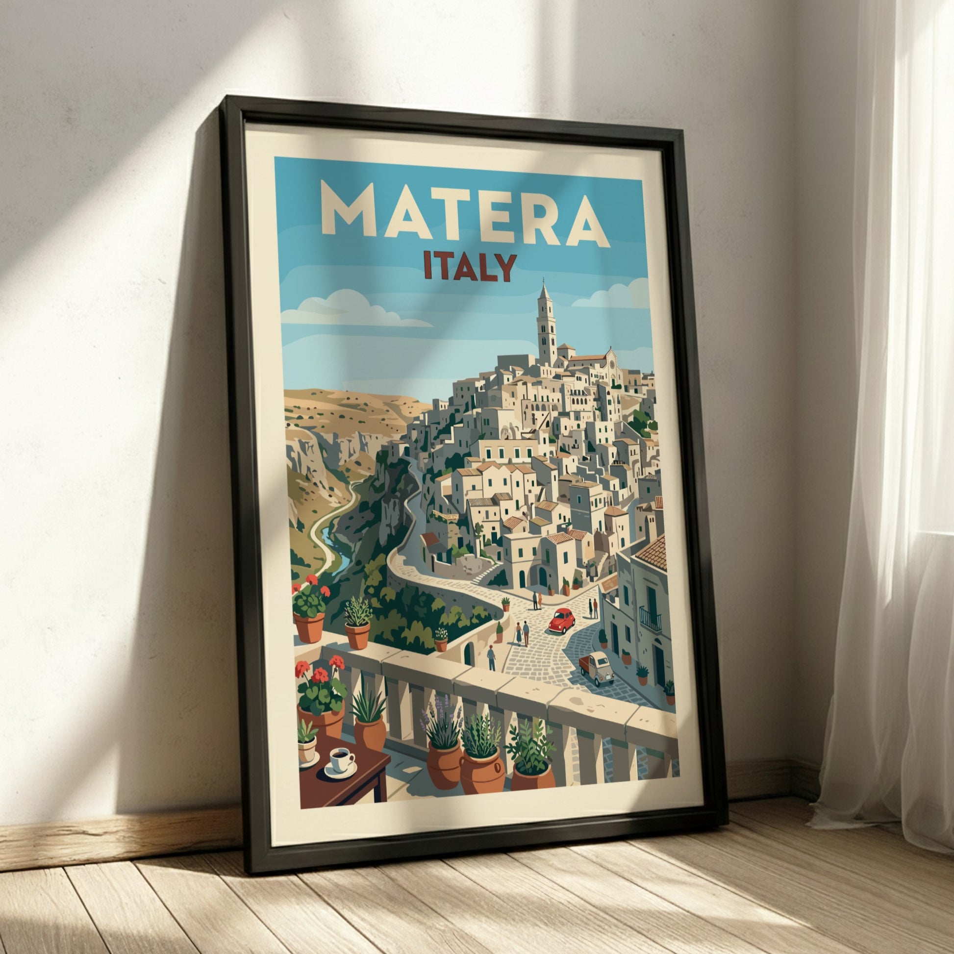Vintage travel poster of Matera, Italy, showcasing its historic hillside architecture in a retro style.