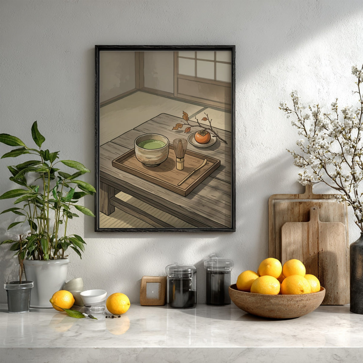 Matcha tea ceremony illustration featuring a bamboo whisk and persimmon on wooden table