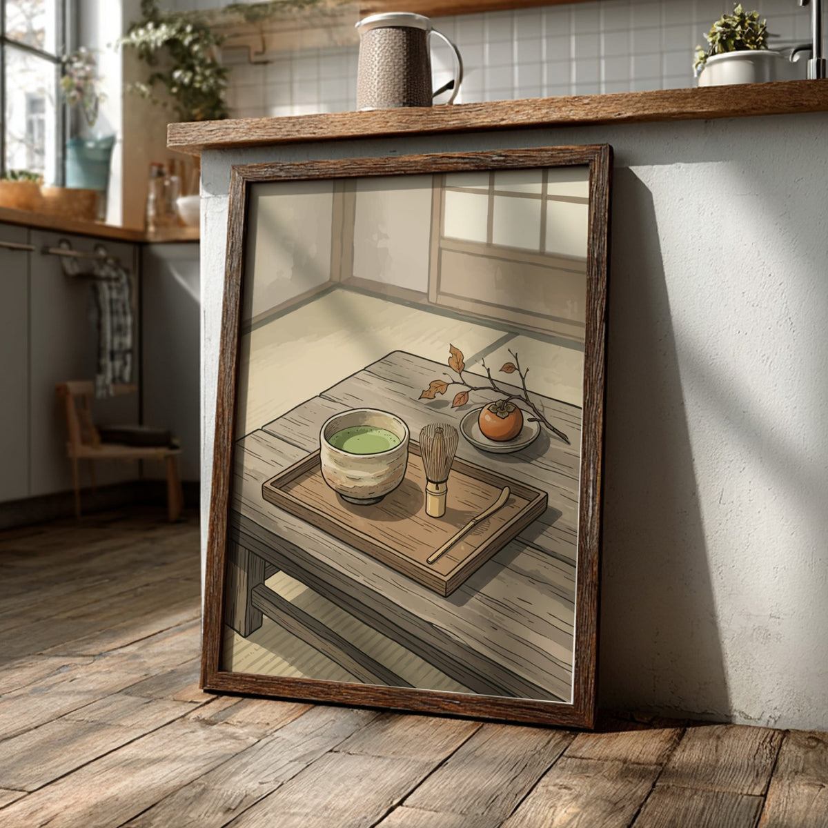 Matcha tea ceremony illustration featuring a bamboo whisk and persimmon on wooden table
