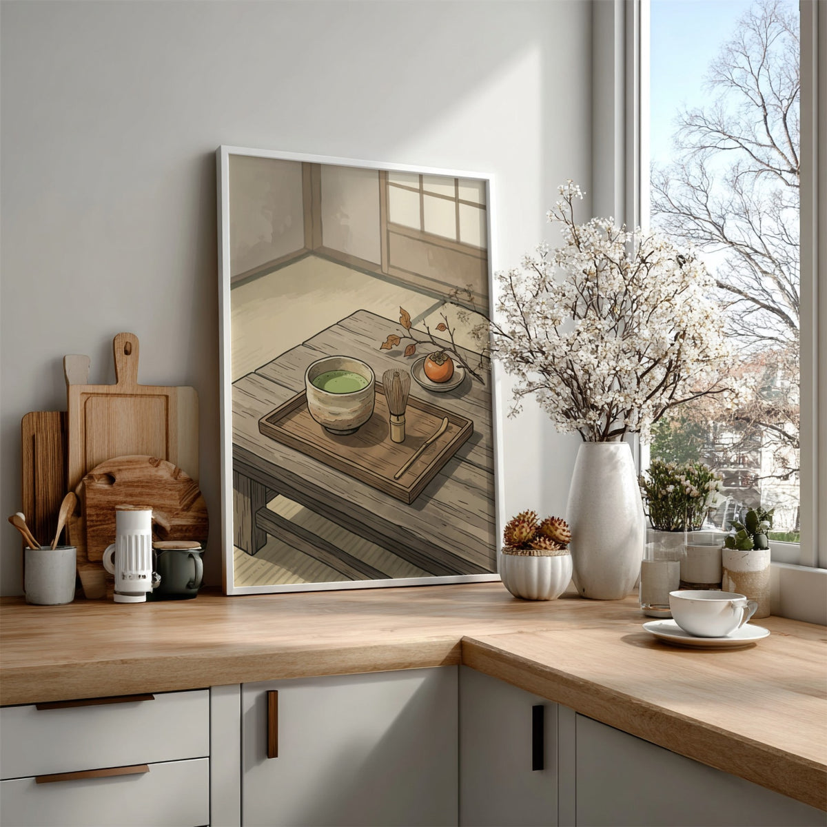 Matcha tea ceremony illustration featuring a bamboo whisk and persimmon on wooden table