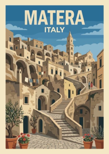 Matera Italy travel poster featuring stone houses, winding staircases, and olive trees in blue.