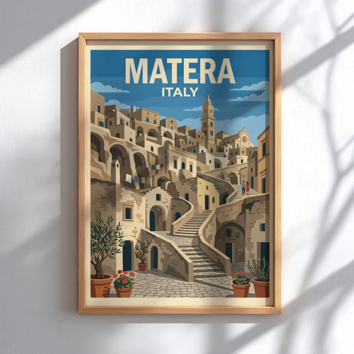 Matera Italy travel poster featuring stone houses, winding staircases, and olive trees in blue.