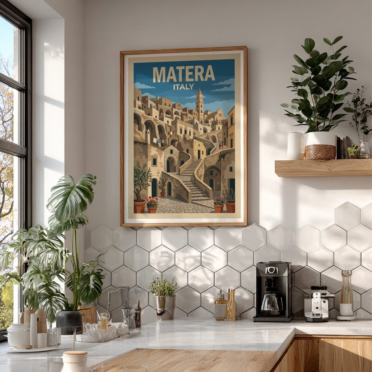Matera Italy travel poster featuring stone houses, winding staircases, and olive trees in blue.
