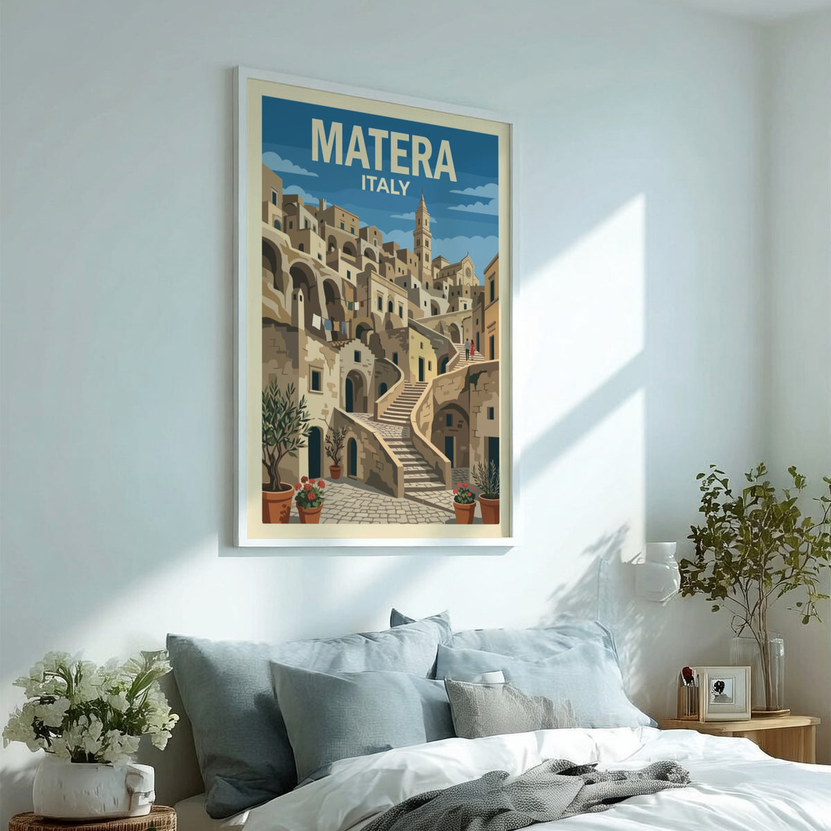 Matera Italy travel poster featuring stone houses, winding staircases, and olive trees in blue.