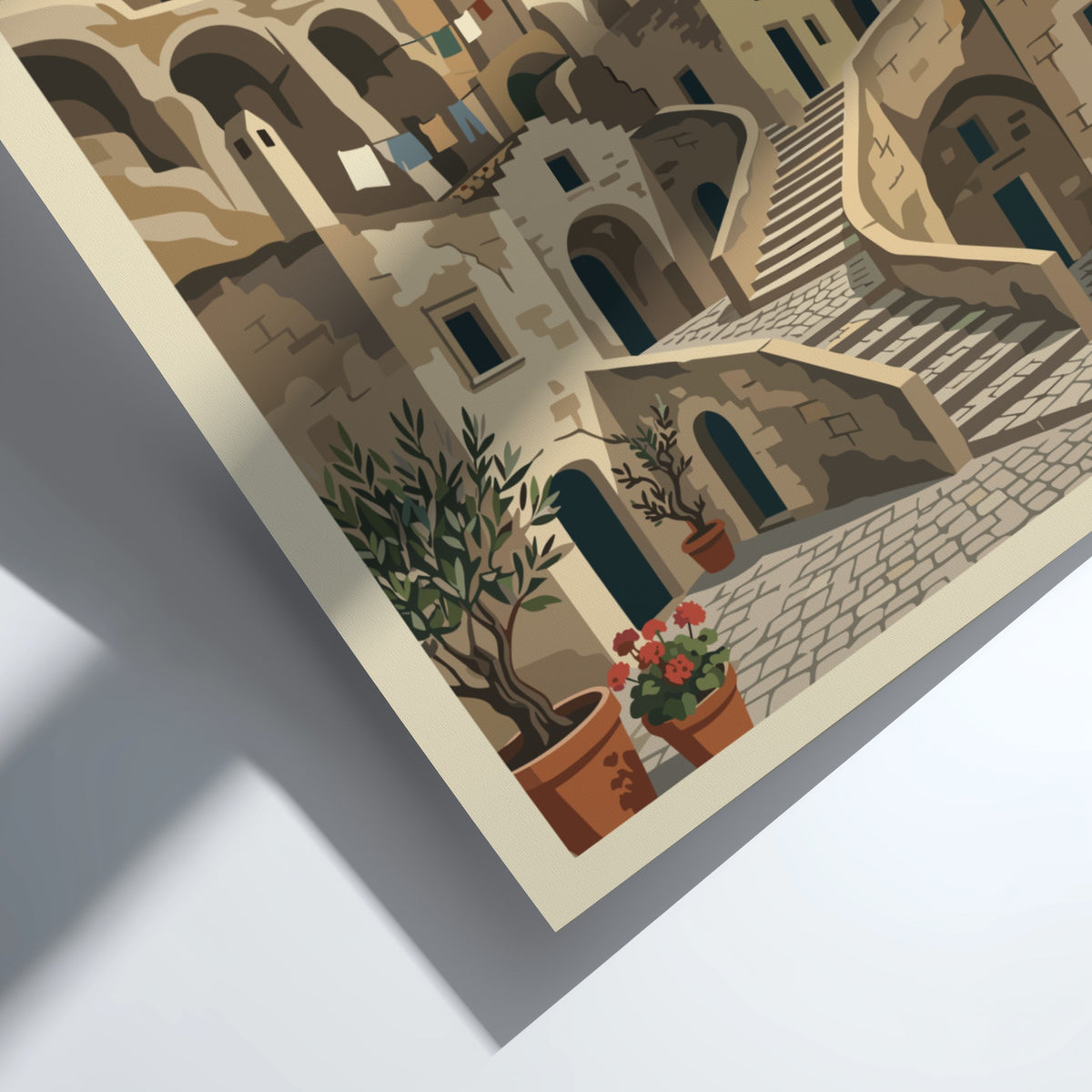 Matera Italy travel poster featuring stone houses, winding staircases, and olive trees in blue.