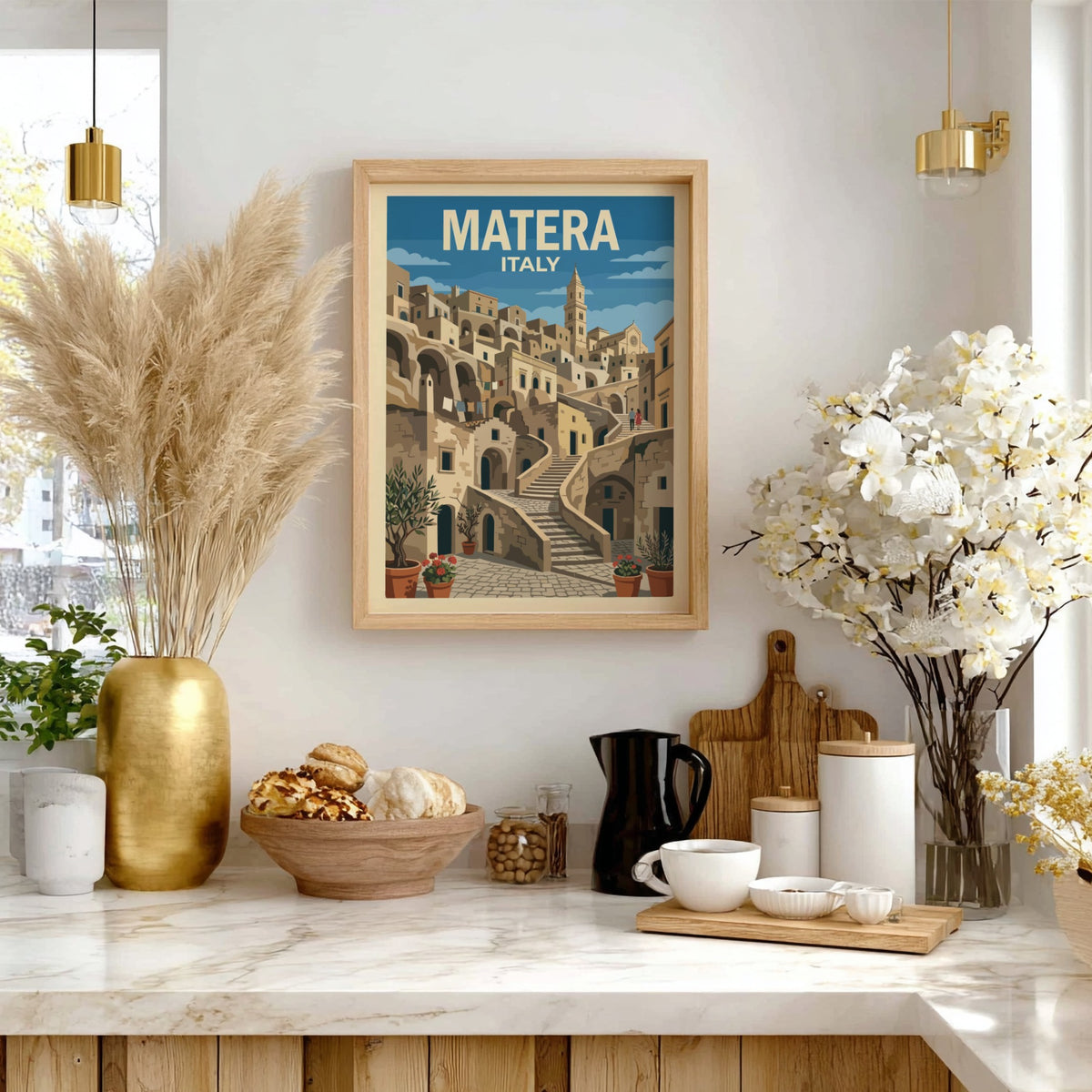 Matera Italy travel poster featuring stone houses, winding staircases, and olive trees in blue.