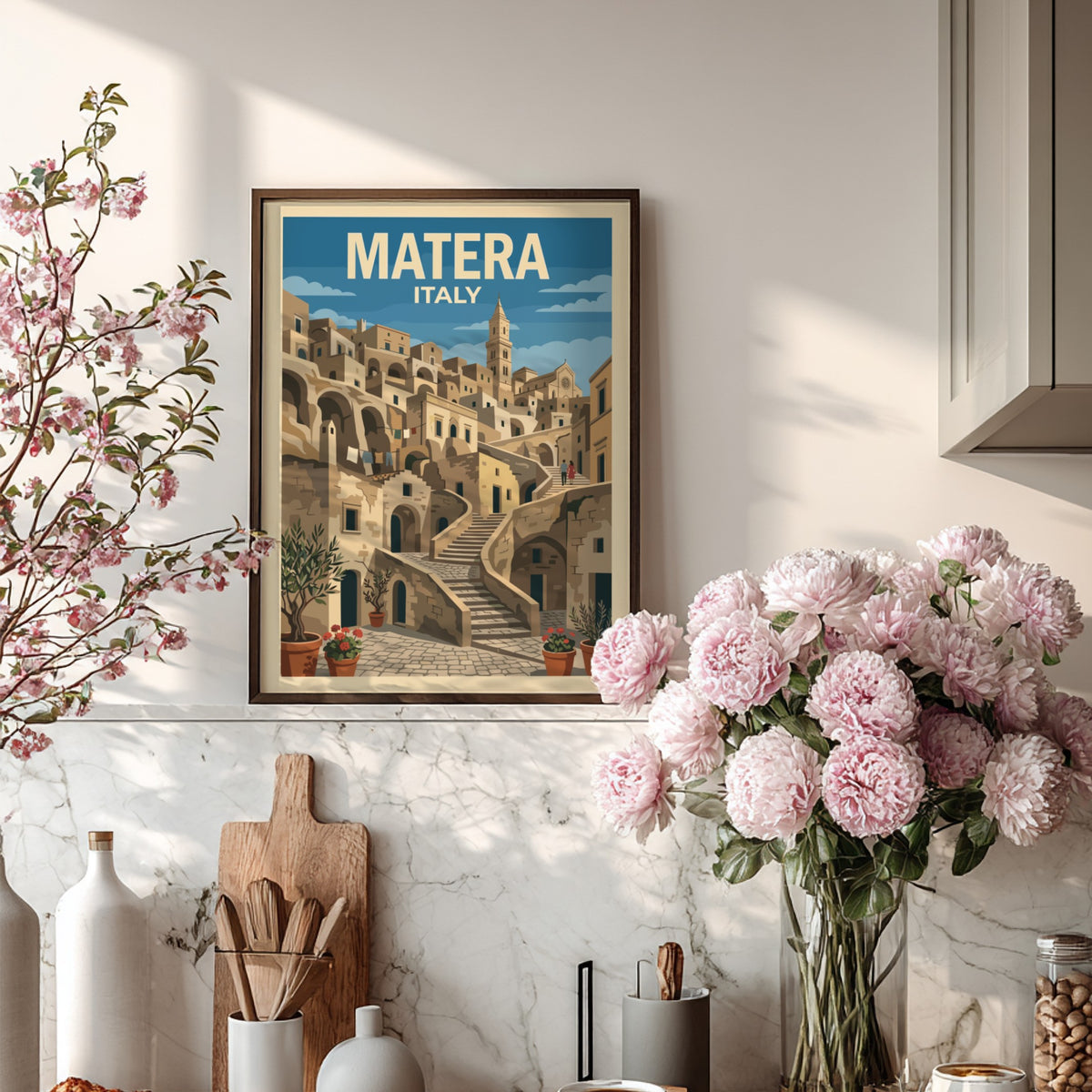 Matera Italy travel poster featuring stone houses, winding staircases, and olive trees in blue.
