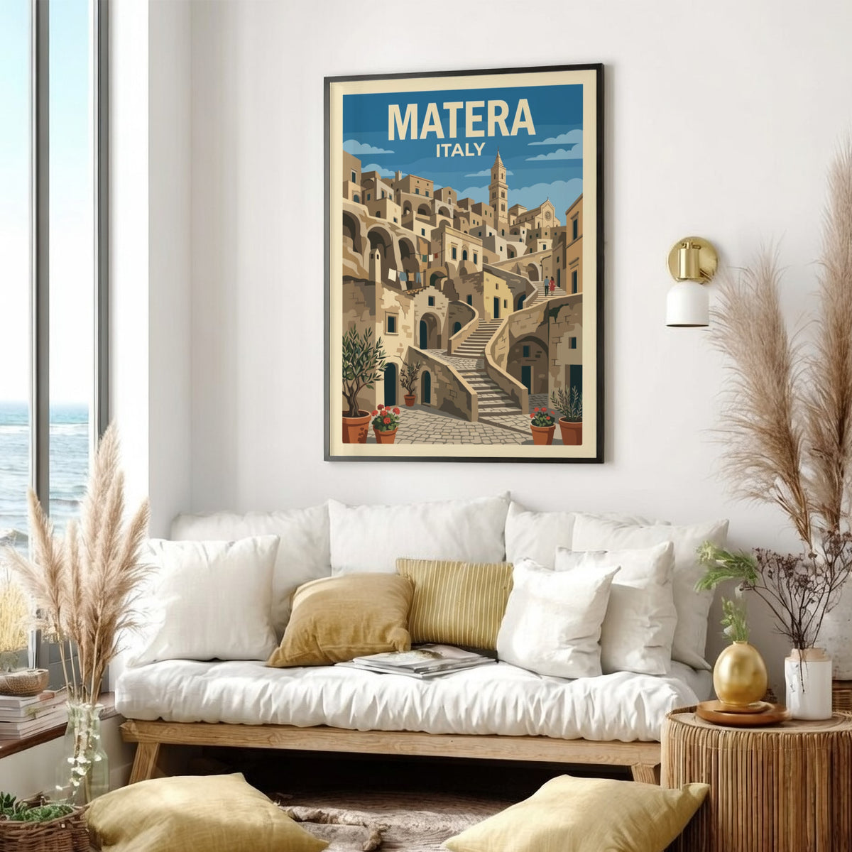Matera Italy travel poster featuring stone houses, winding staircases, and olive trees in blue.