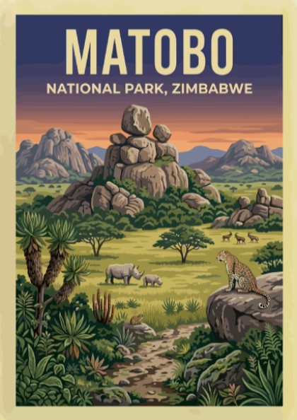 Matobo National Park poster featuring wildlife and vibrant landscapes in earthy tones