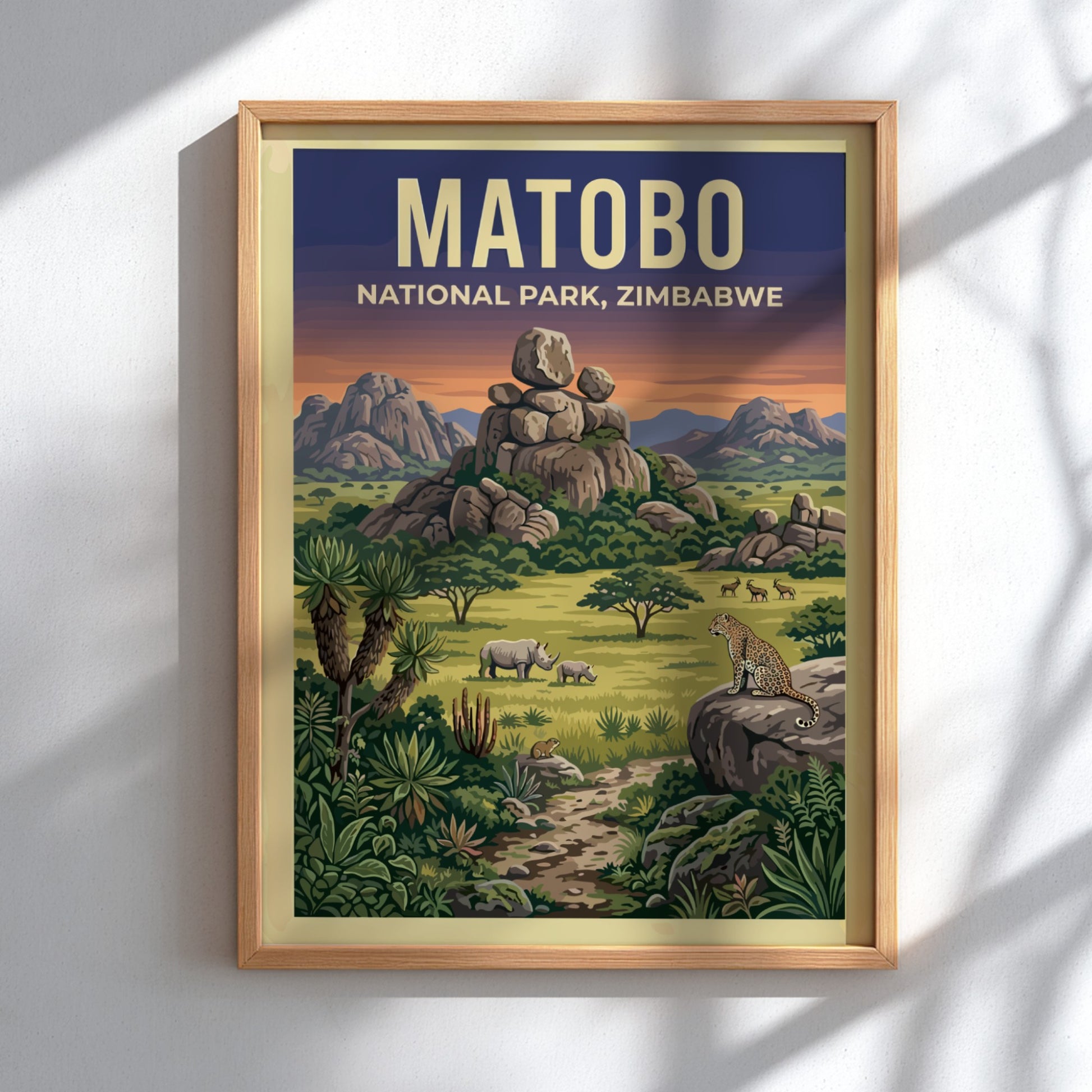 Matobo National Park poster featuring wildlife and vibrant landscapes in earthy tones