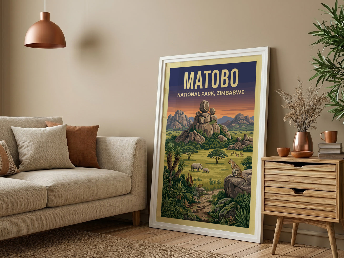 Matobo National Park poster featuring wildlife and vibrant landscapes in earthy tones