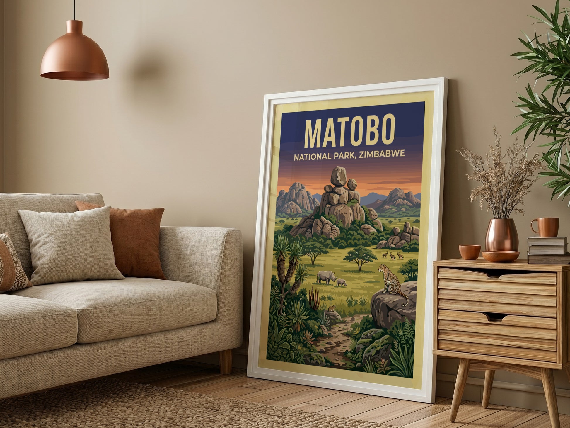 Matobo National Park poster featuring wildlife and vibrant landscapes in earthy tones