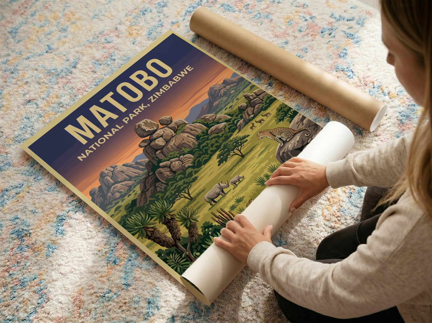 Matobo National Park poster featuring wildlife and vibrant landscapes in earthy tones