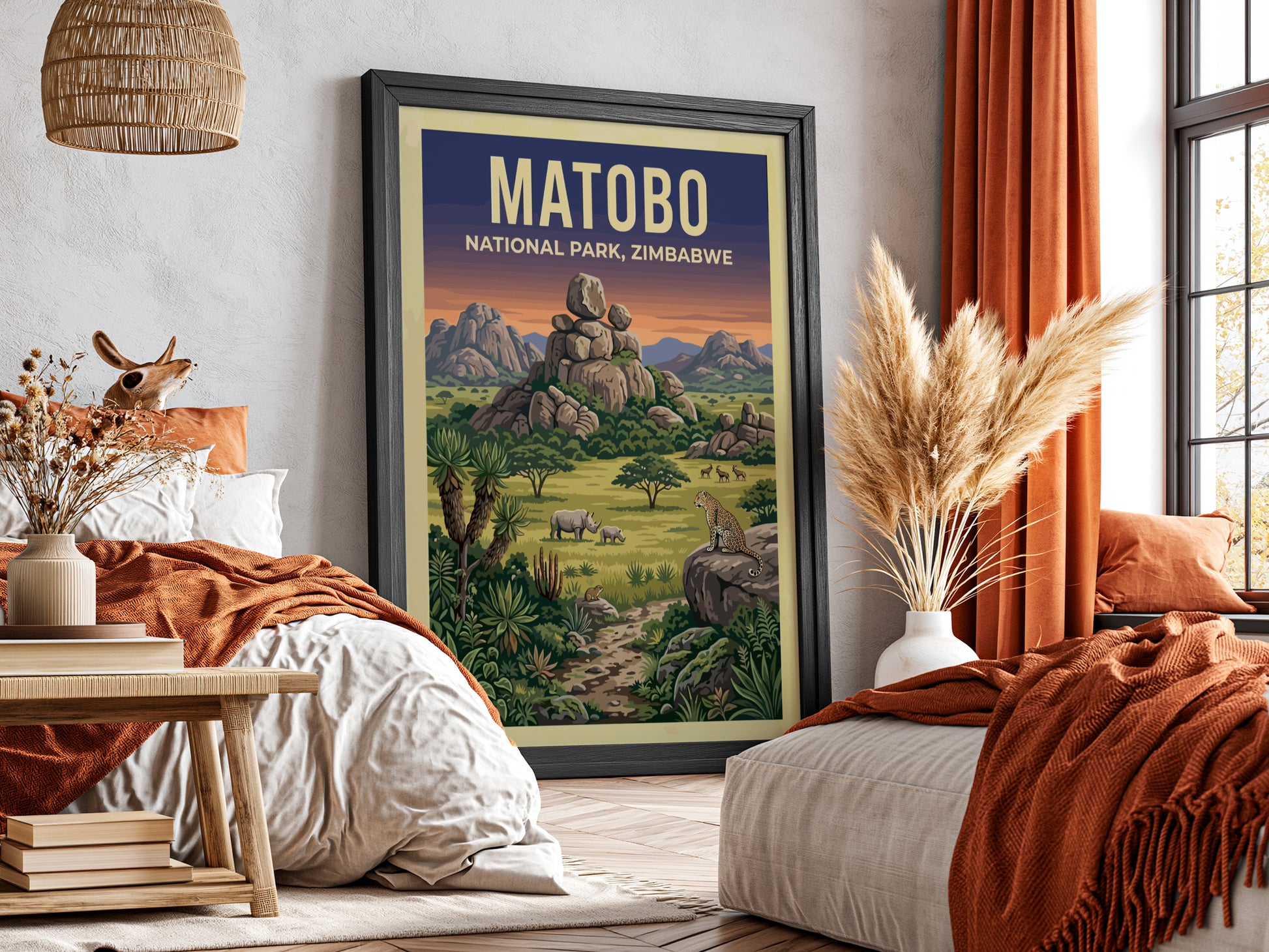 Matobo National Park poster featuring wildlife and vibrant landscapes in earthy tones