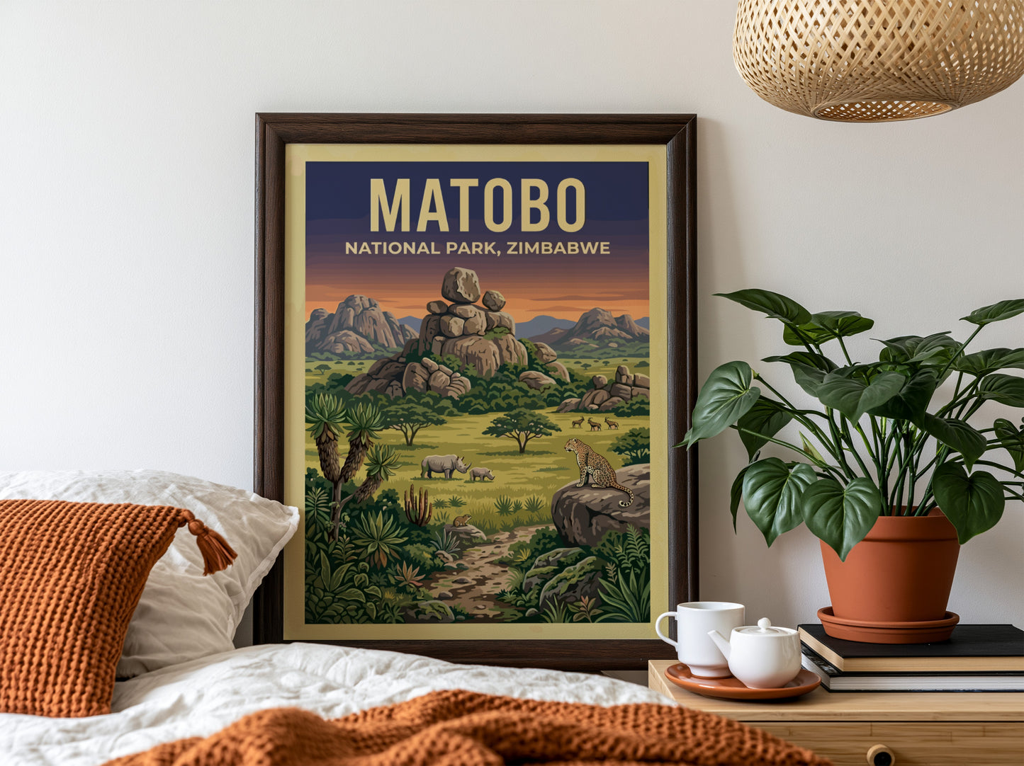 Matobo National Park poster featuring wildlife and vibrant landscapes in earthy tones