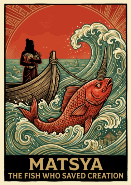 Matsya poster showing a large red fish with a horn in choppy waters.