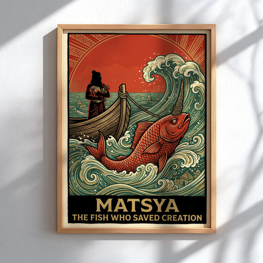 Matsya poster showing a large red fish with a horn in choppy waters.