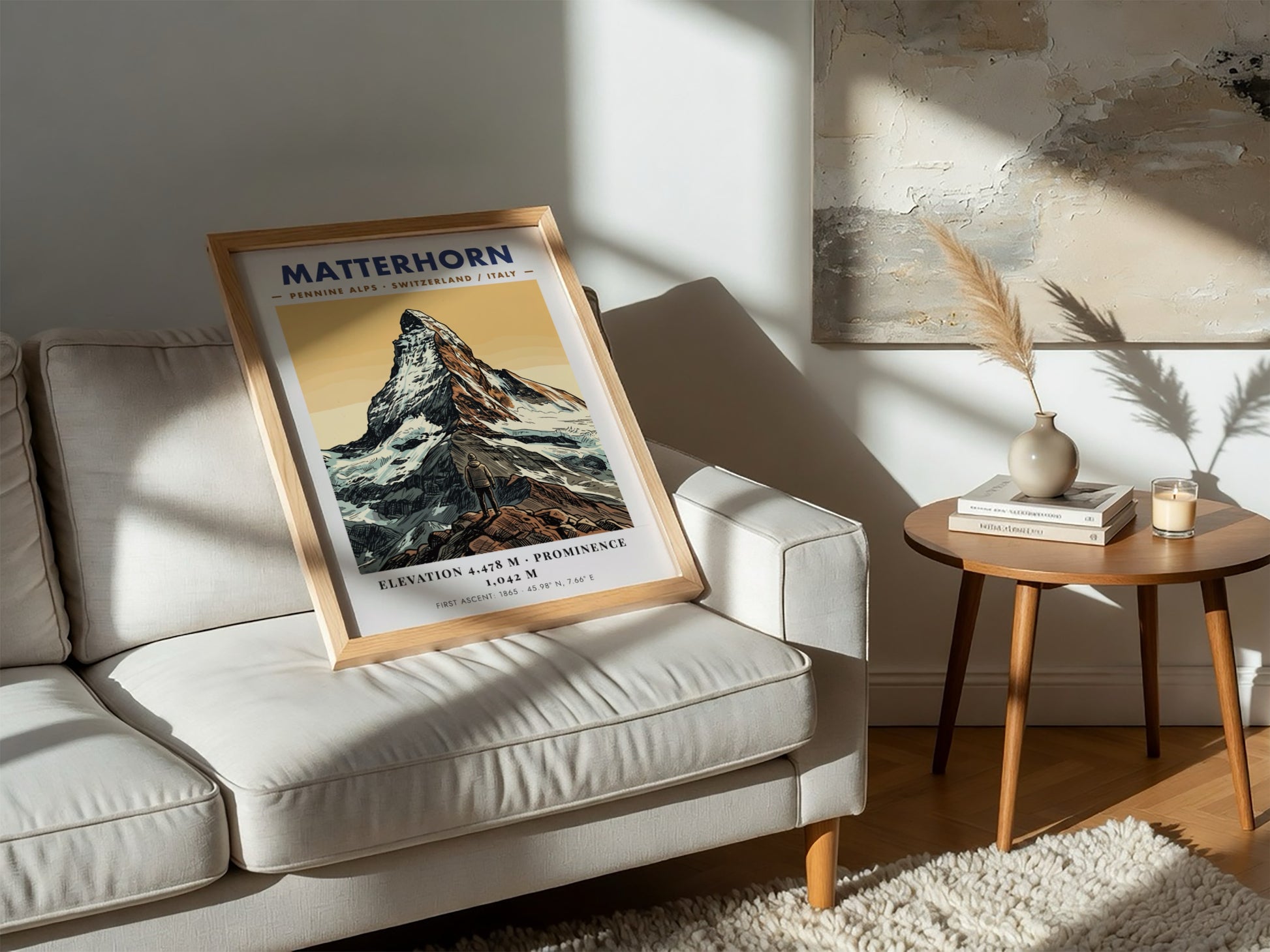 Poster featuring the Matterhorn mountain summit with a hiker in the foreground.