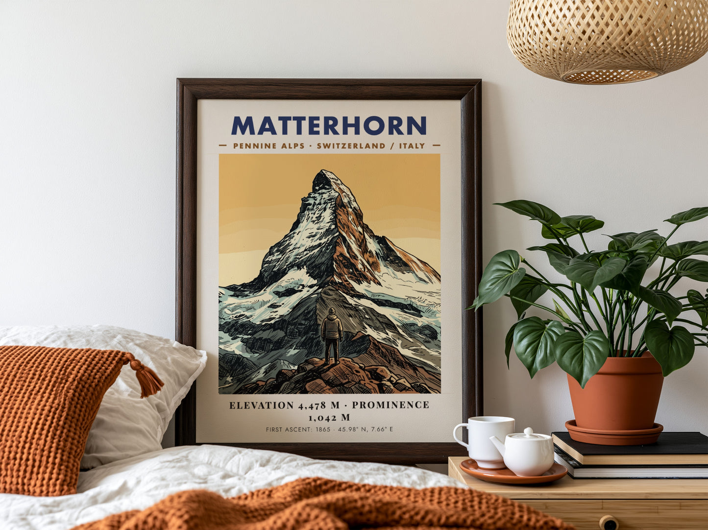 Poster featuring the Matterhorn mountain summit with a hiker in the foreground.