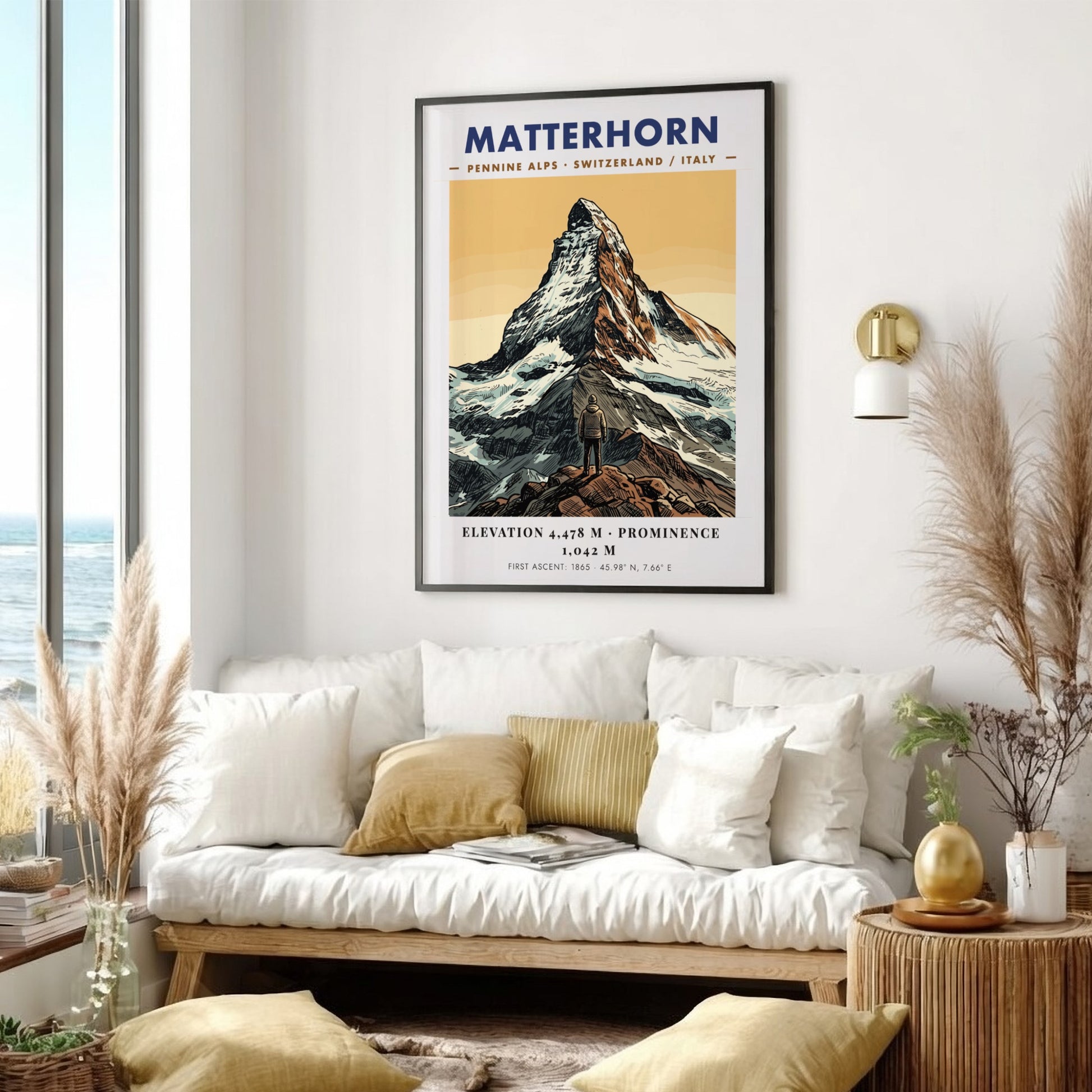 Poster featuring the Matterhorn mountain summit with a hiker in the foreground.