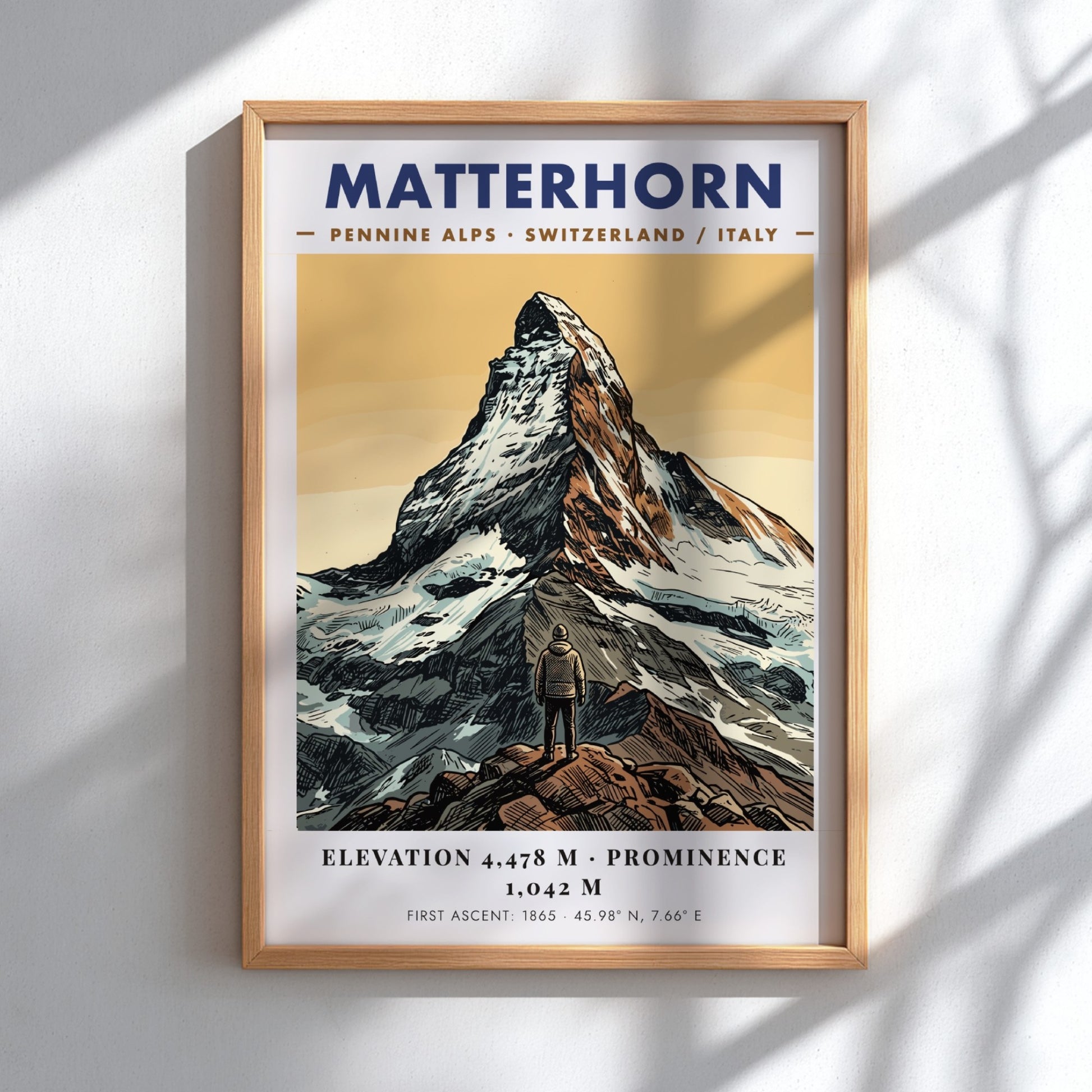 Poster featuring the Matterhorn mountain summit with a hiker in the foreground.