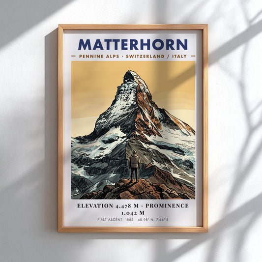 Poster featuring the Matterhorn mountain summit with a hiker in the foreground.