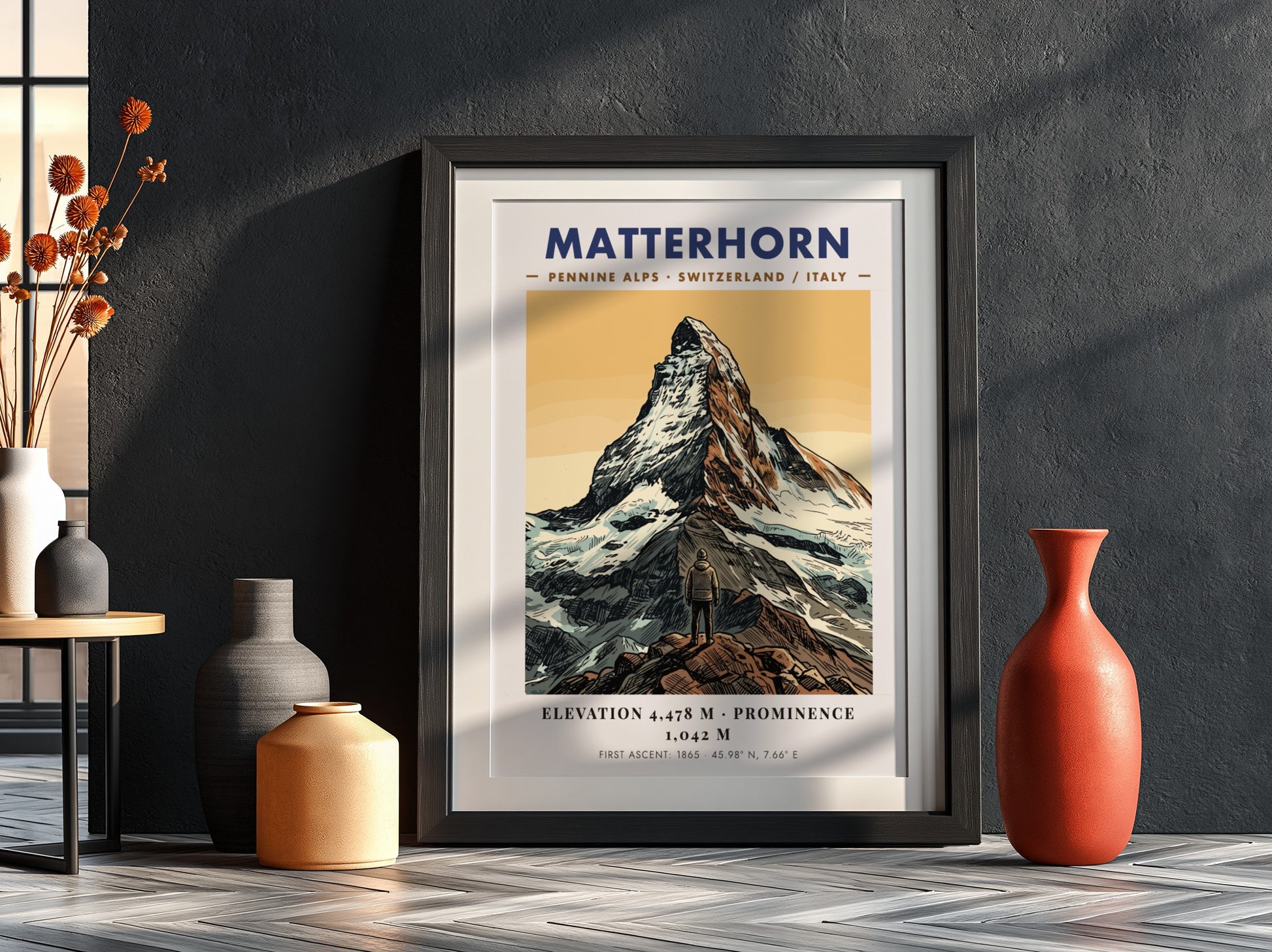 Poster featuring the Matterhorn mountain summit with a hiker in the foreground.