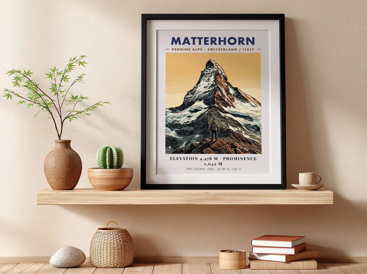 Poster featuring the Matterhorn mountain summit with a hiker in the foreground.