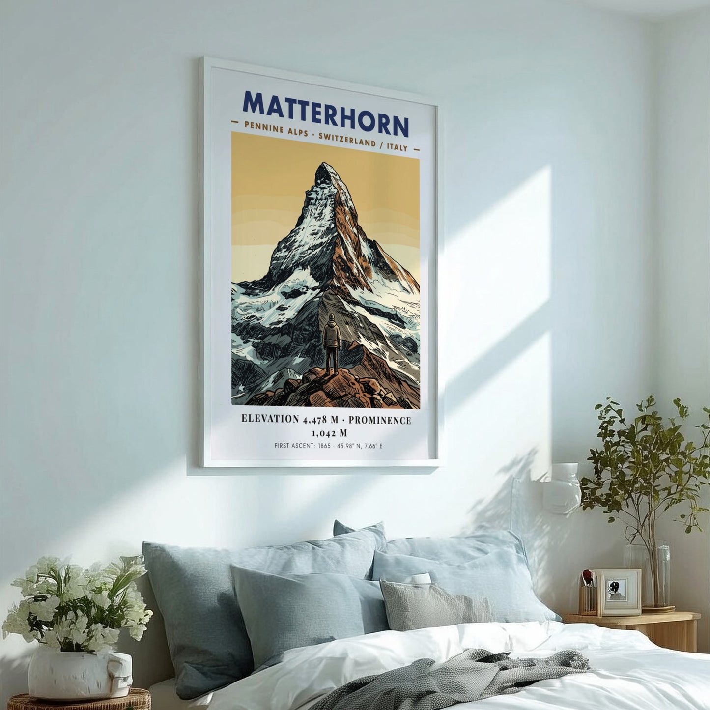 Poster featuring the Matterhorn mountain summit with a hiker in the foreground.