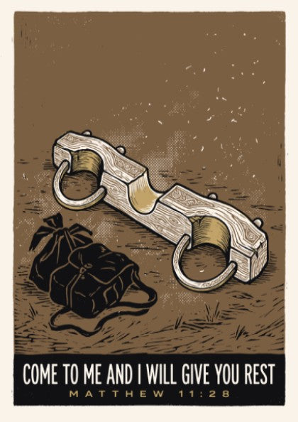 Poster featuring an abandoned wooden yoke and leather bag on earth with Christian quote