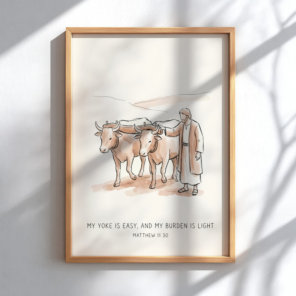 Poster of Jesus with two oxen in soft brown ink on a cream background.