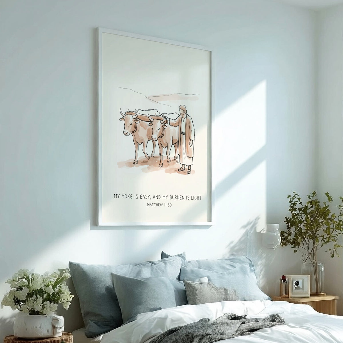 Poster of Jesus with two oxen in soft brown ink on a cream background.