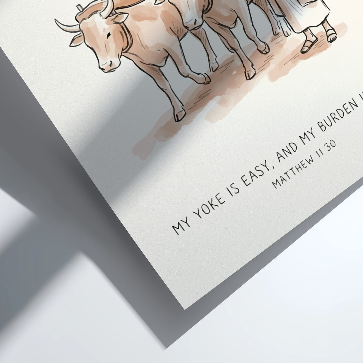 Poster of Jesus with two oxen in soft brown ink on a cream background.