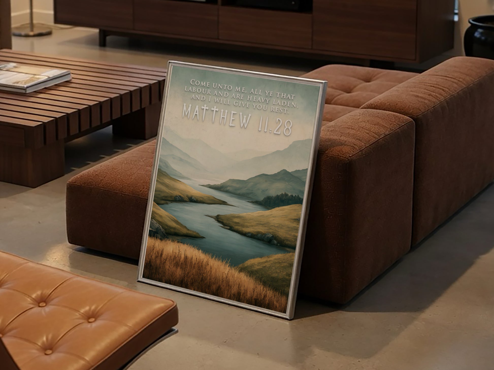 Poster displaying a golden field and river with Matthew 11:28 scripture text overlaid.