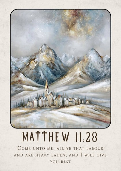 Matthew 11:28 poster featuring a winter landscape with mountains and a village, ideal for inspirational