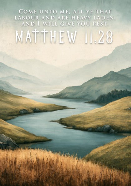 Poster displaying a golden field and river with Matthew 11:28 scripture text overlaid.