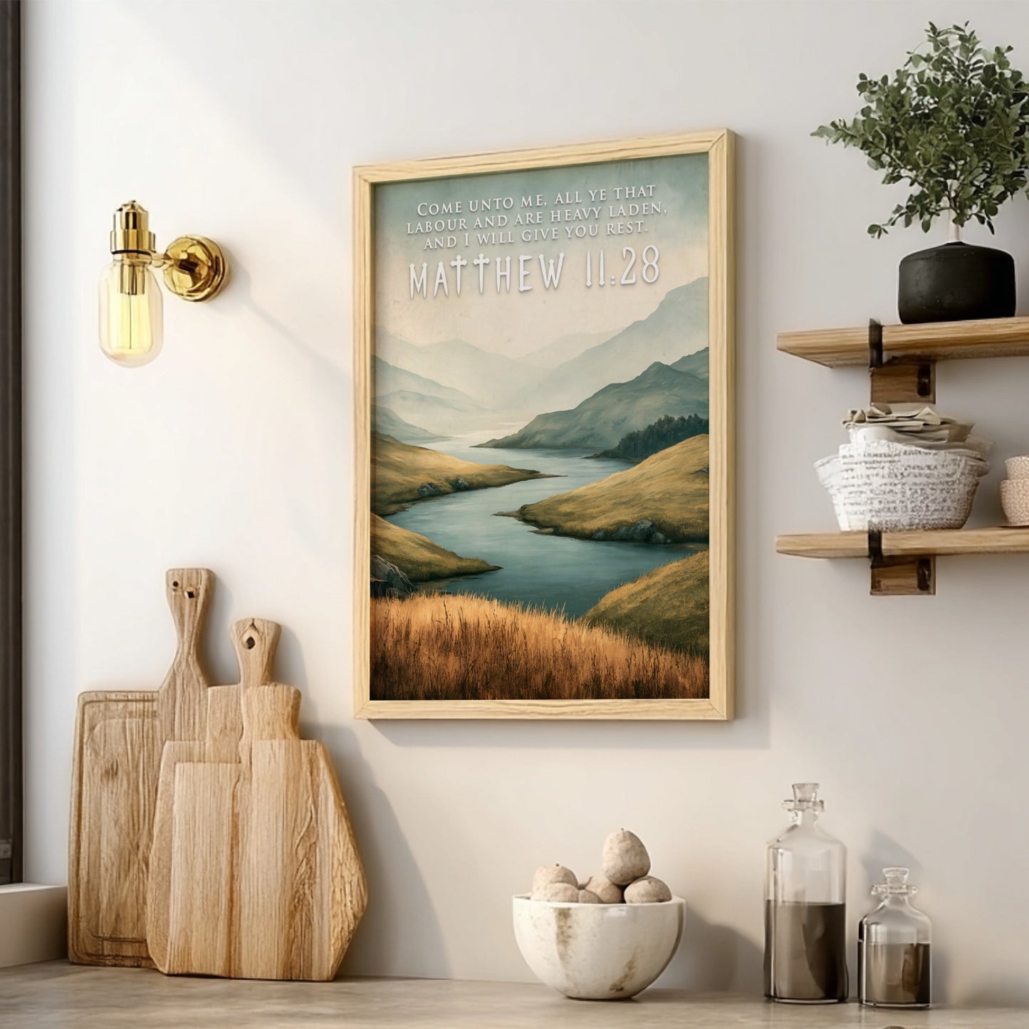 Poster displaying a golden field and river with Matthew 11:28 scripture text overlaid.