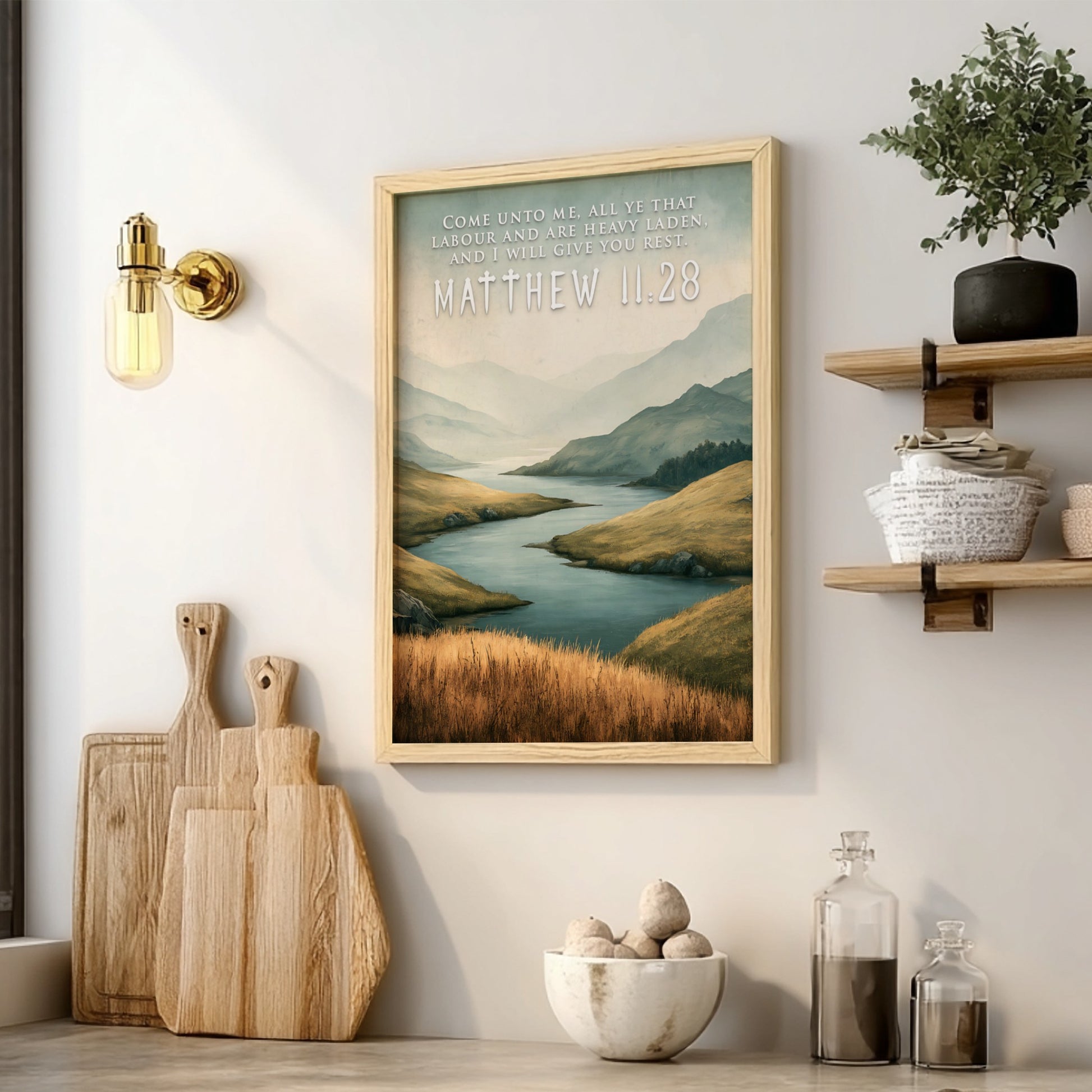 Poster displaying a golden field and river with Matthew 11:28 scripture text overlaid.
