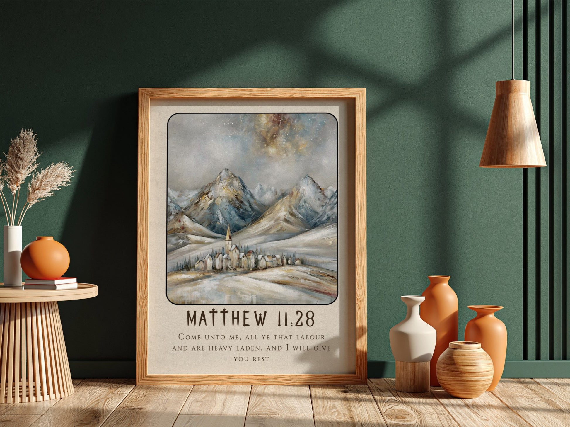 Matthew 11:28 poster featuring a winter landscape with mountains and a village, ideal for inspirational