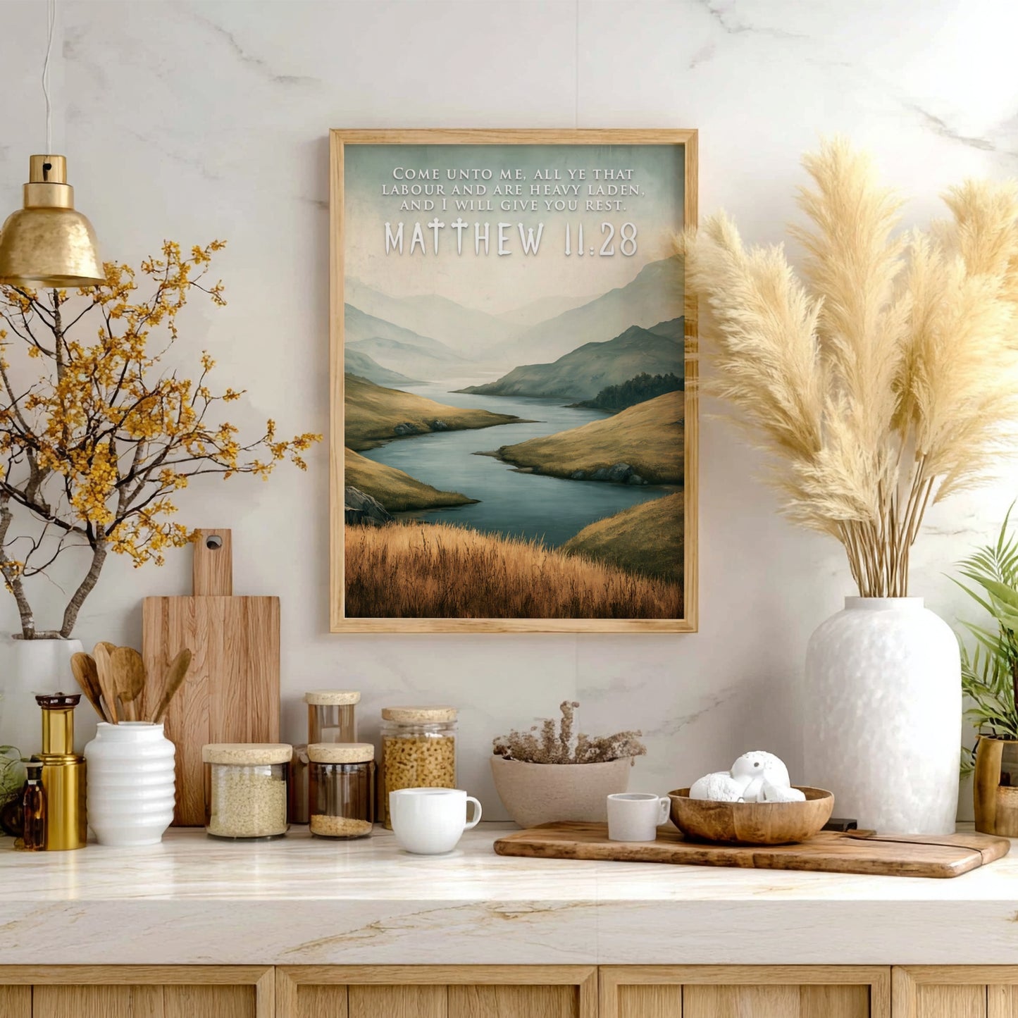 Poster displaying a golden field and river with Matthew 11:28 scripture text overlaid.