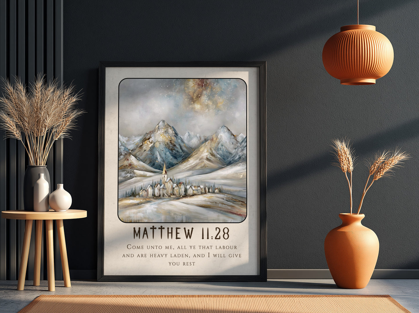 Matthew 11:28 poster featuring a winter landscape with mountains and a village, ideal for inspirational