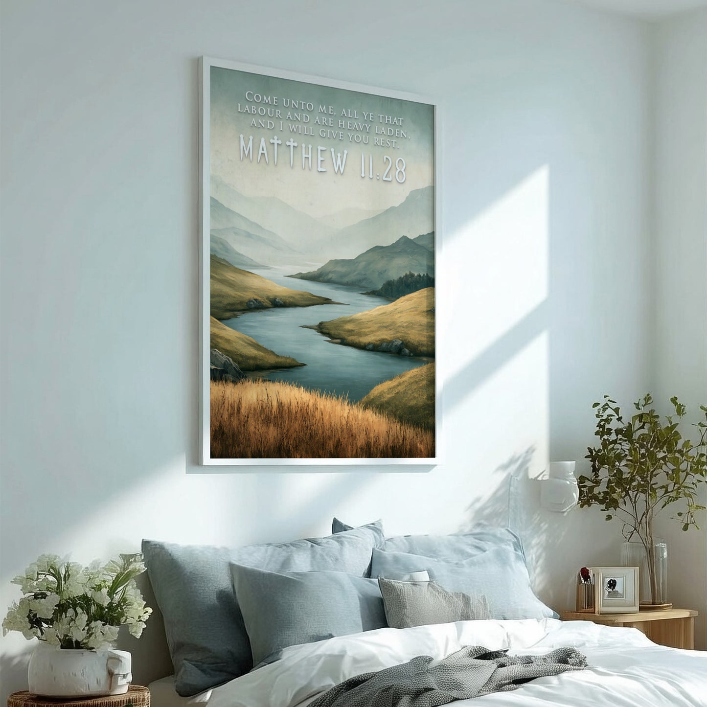Poster displaying a golden field and river with Matthew 11:28 scripture text overlaid.