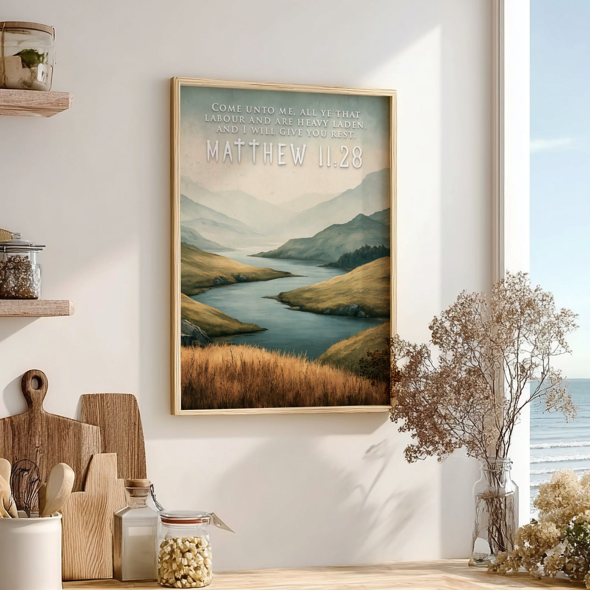 Poster displaying a golden field and river with Matthew 11:28 scripture text overlaid.