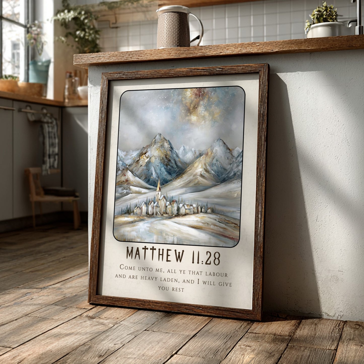 Matthew 11:28 poster featuring a winter landscape with mountains and a village, ideal for inspirational