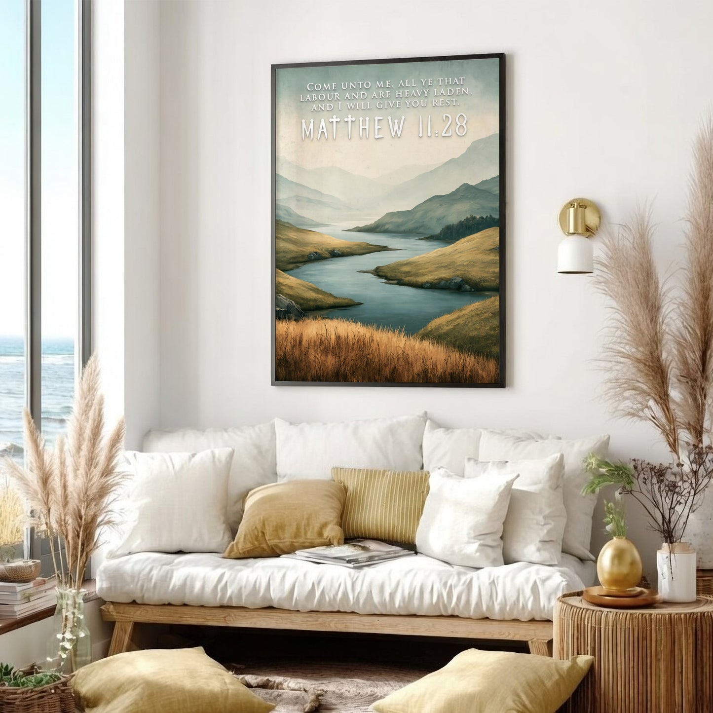 Poster displaying a golden field and river with Matthew 11:28 scripture text overlaid.