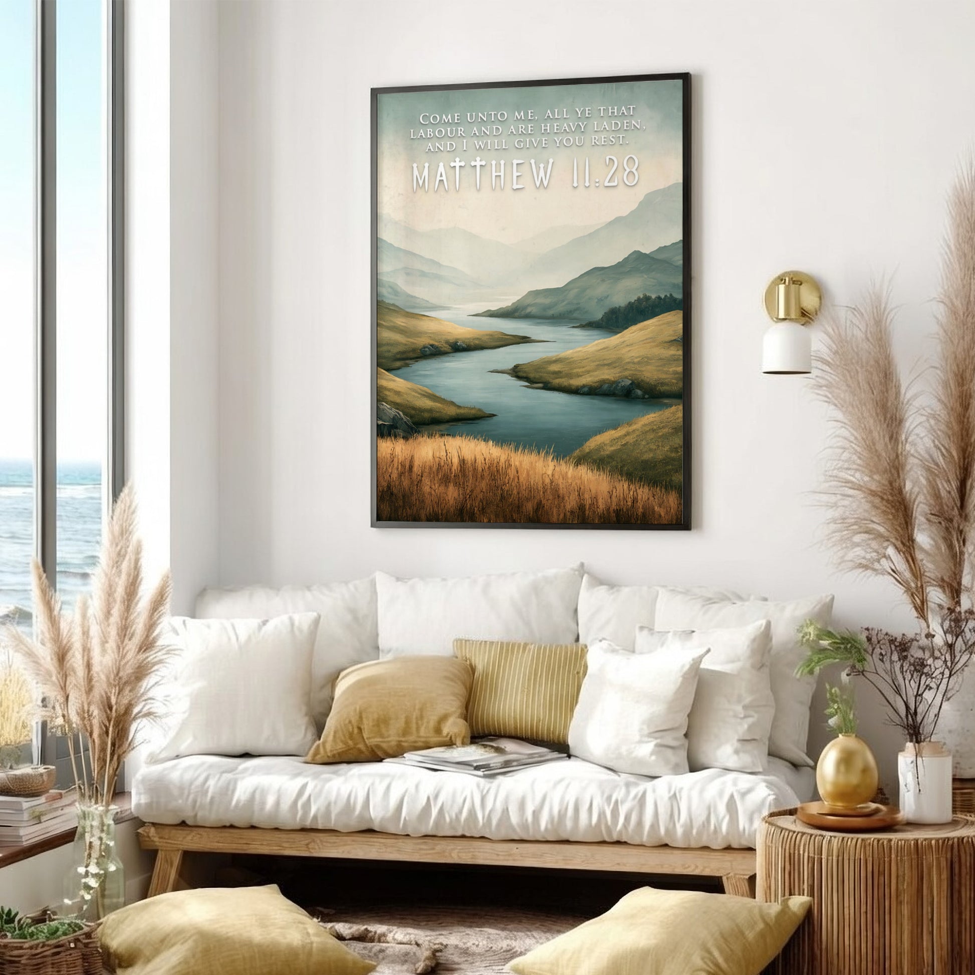 Poster displaying a golden field and river with Matthew 11:28 scripture text overlaid.