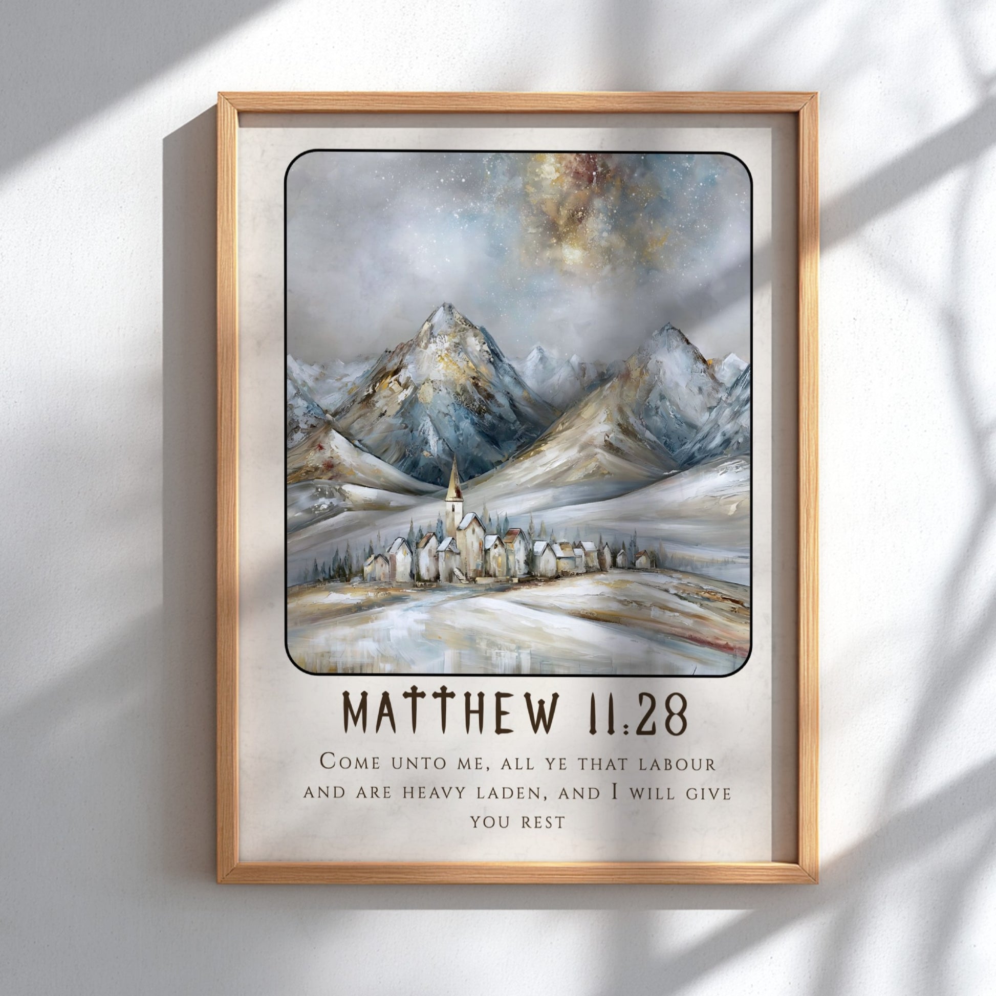 Matthew 11:28 poster featuring a winter landscape with mountains and a village, ideal for inspirational