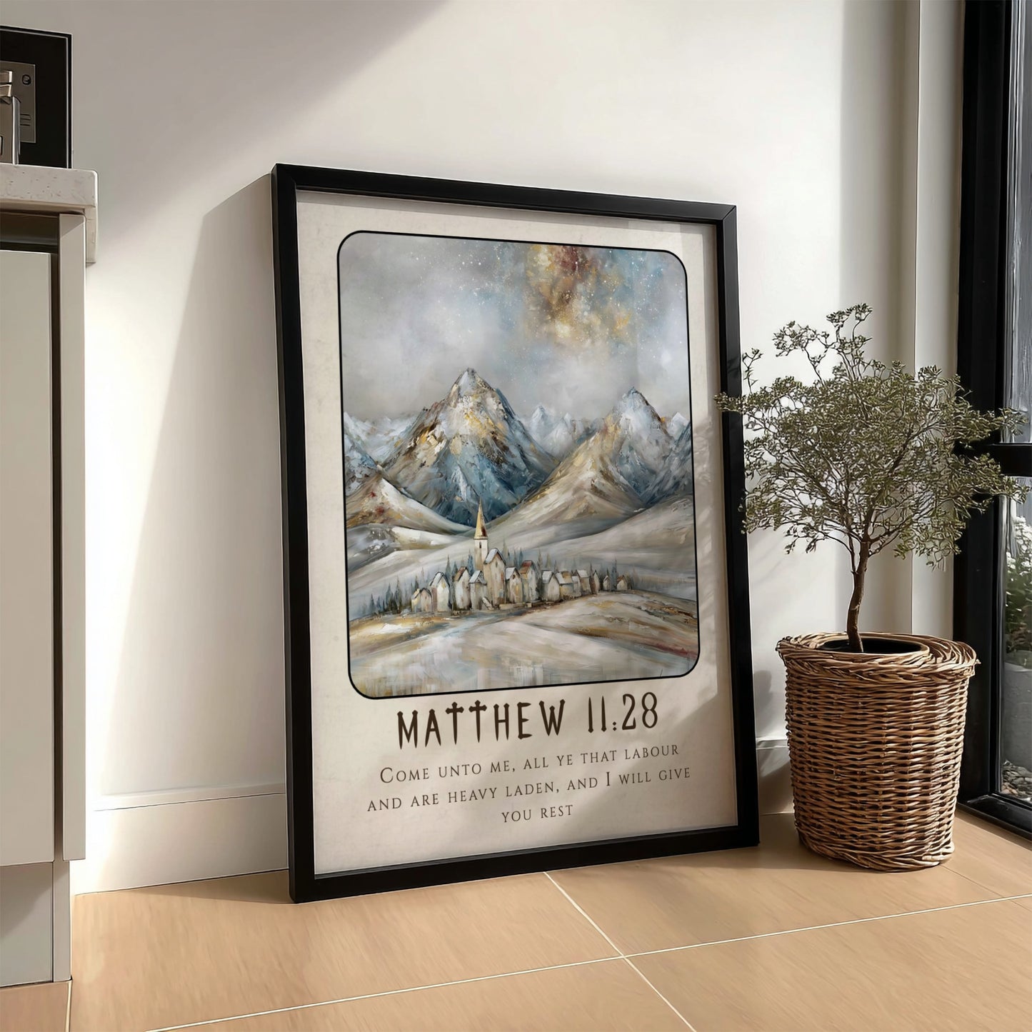 Matthew 11:28 poster featuring a winter landscape with mountains and a village, ideal for inspirational