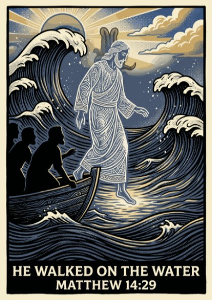 He Walked on the Water poster featuring a stylized biblical figure on navy waves.