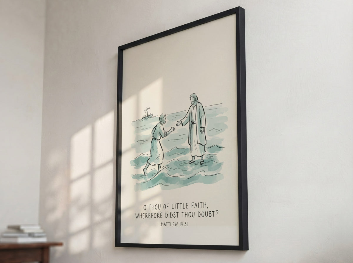 Poster featuring a hand-drawn illustration of Jesus reaching out to Peter on water.